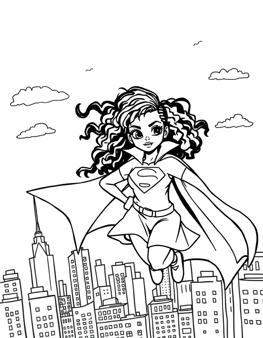Rihanna wearing a superhero cape and flying over a cityscape – a fun and kid-friendly coloring page.