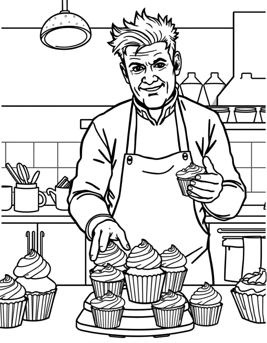 Gordon Ramsay baking cupcakes in a colorful kitchen – a fun and kid-friendly coloring page.