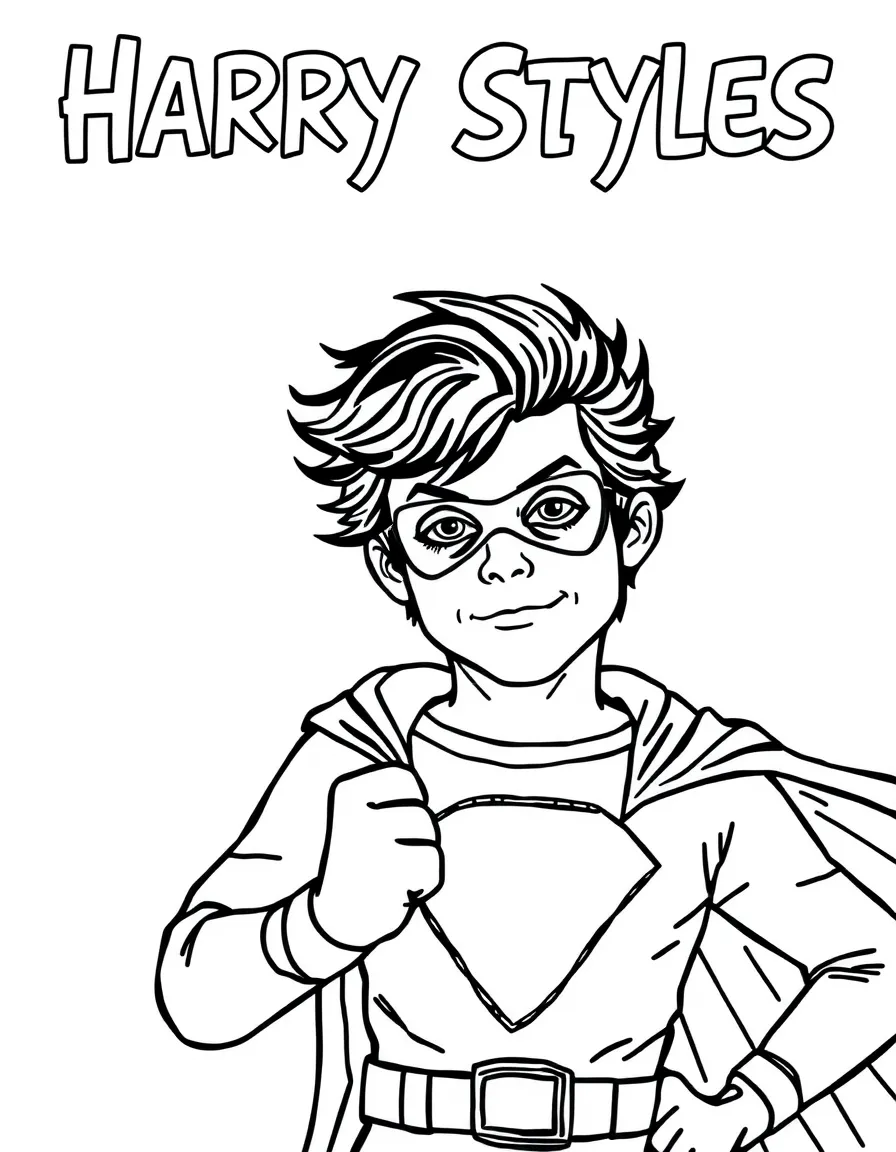 Harry Styles dressed as a superhero, ready to save the day – a fun and kid-friendly coloring page.