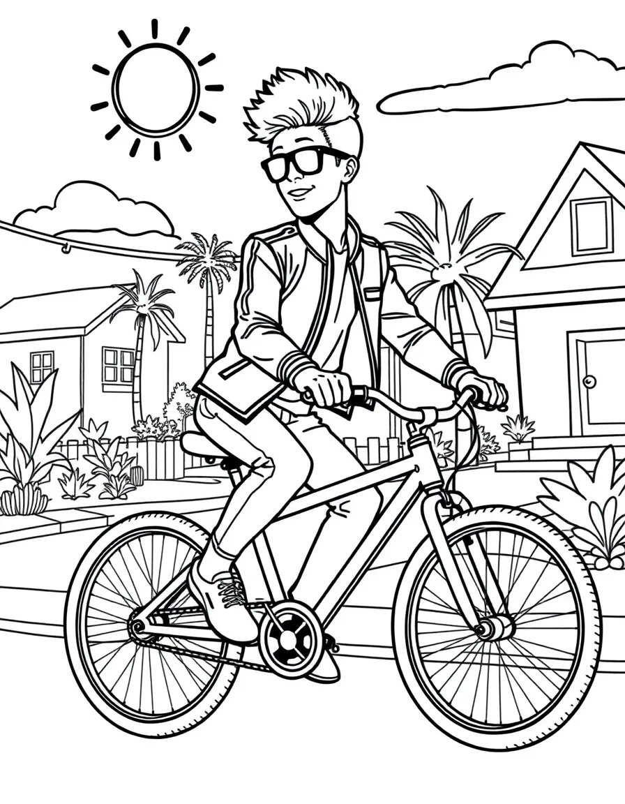 Bruno Mars riding a bicycle through a sunny neighborhood – a fun and kid-friendly coloring page.