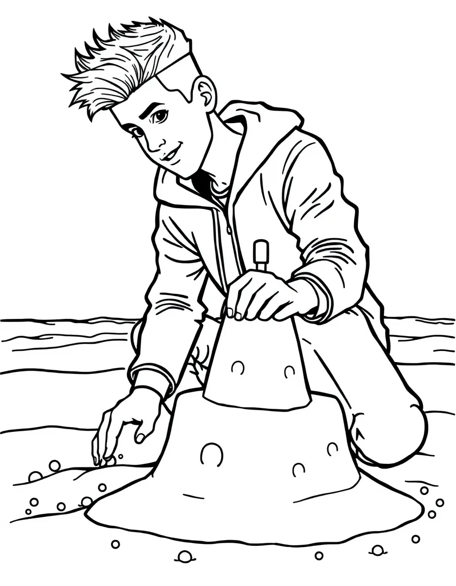 Justin Bieber building a sandcastle at the beach – a fun and kid-friendly coloring page.