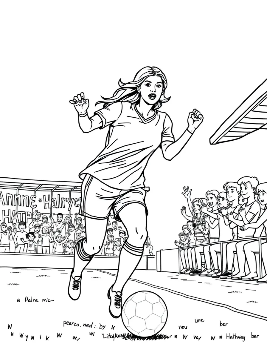 Anne Hathaway playing soccer on a field with cheering fans in the stands – a fun and kid-friendly coloring page.