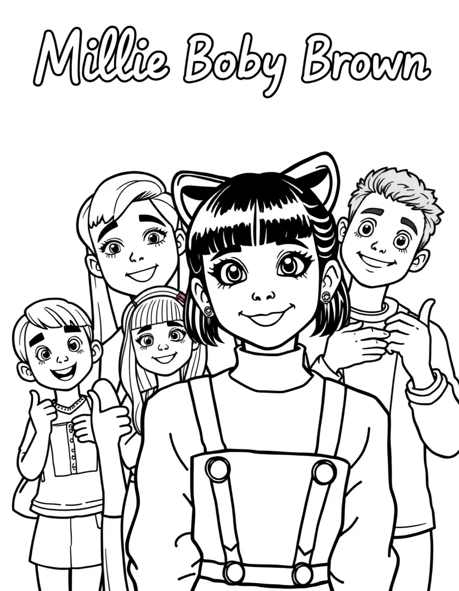 Millie Bobby Brown posing with cartoon versions of their fans – a fun and kid-friendly coloring page.