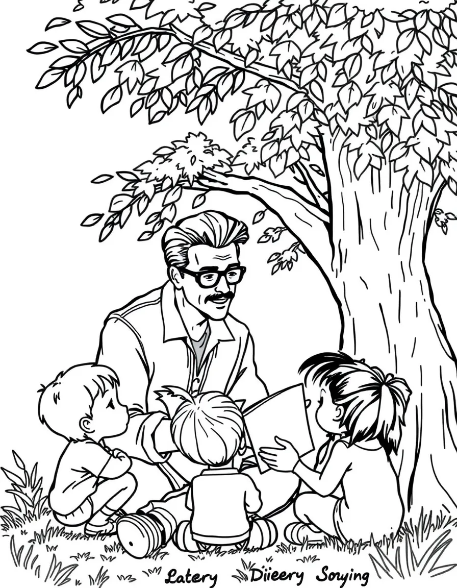 Robert Downey Jr. reading a storybook to children under a tree – a fun and kid-friendly coloring page.