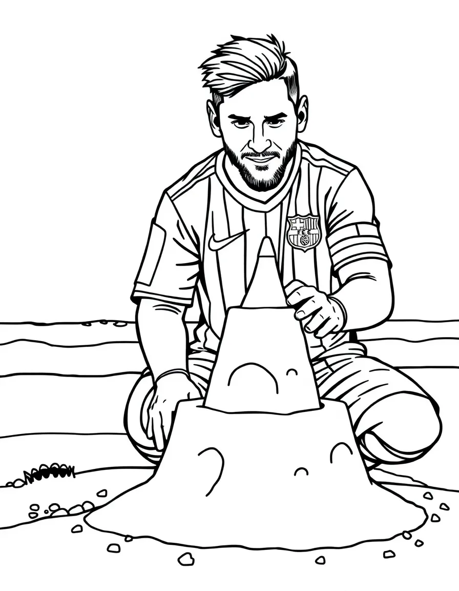 Lionel Messi building a sandcastle at the beach – a fun and kid-friendly coloring page.