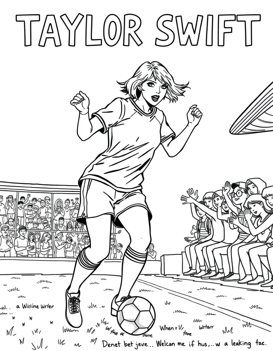 Taylor Swift playing soccer on a field with cheering fans in the stands – a fun and kid-friendly coloring page.