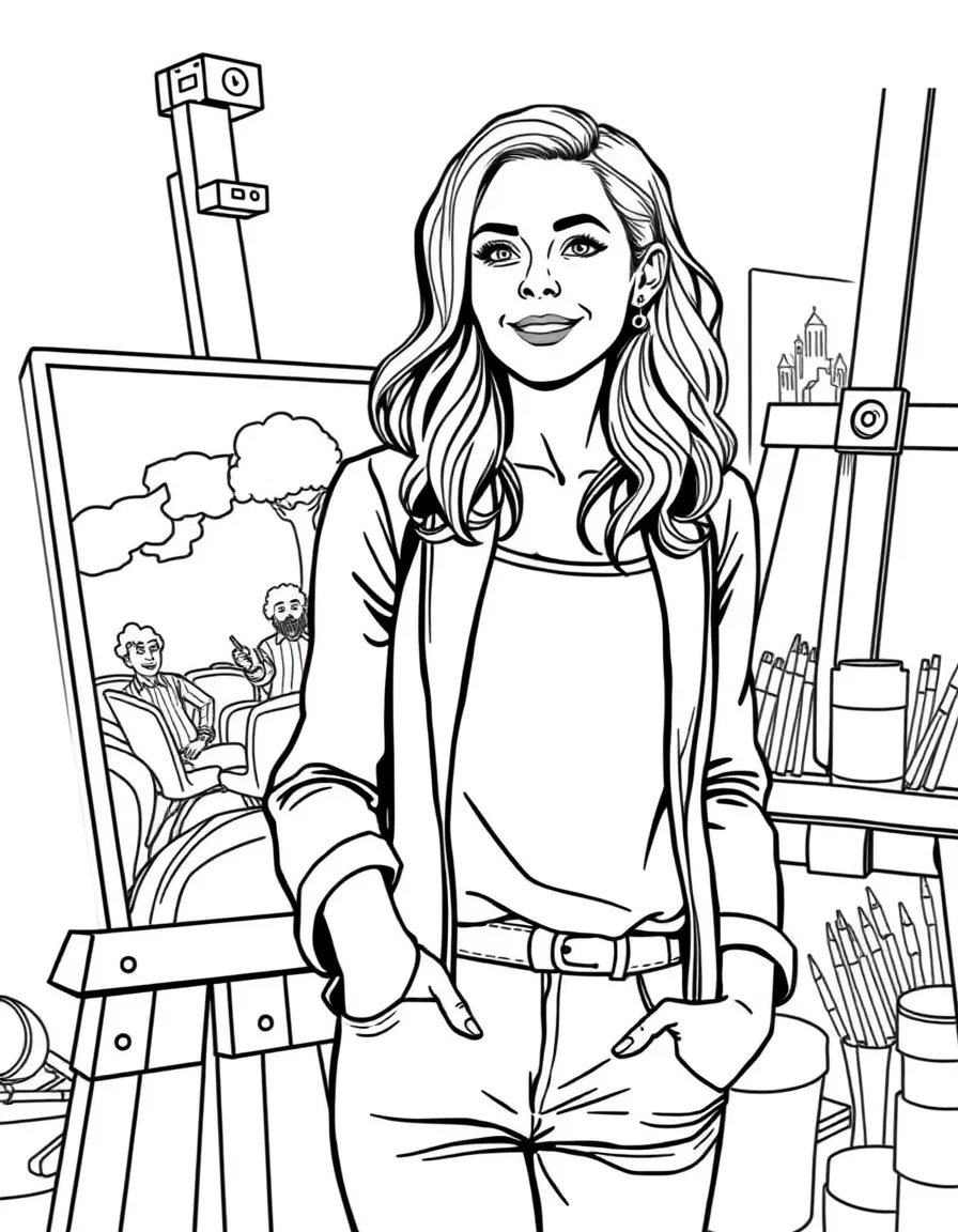 Emma Stone painting a picture at an art studio – a fun and kid-friendly coloring page.
