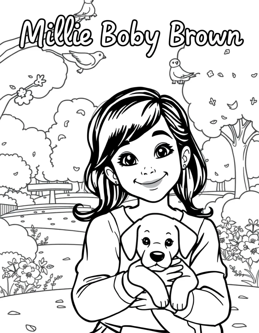 Millie Bobby Brown smiling and holding a puppy with a park background – a fun and kid-friendly coloring page.