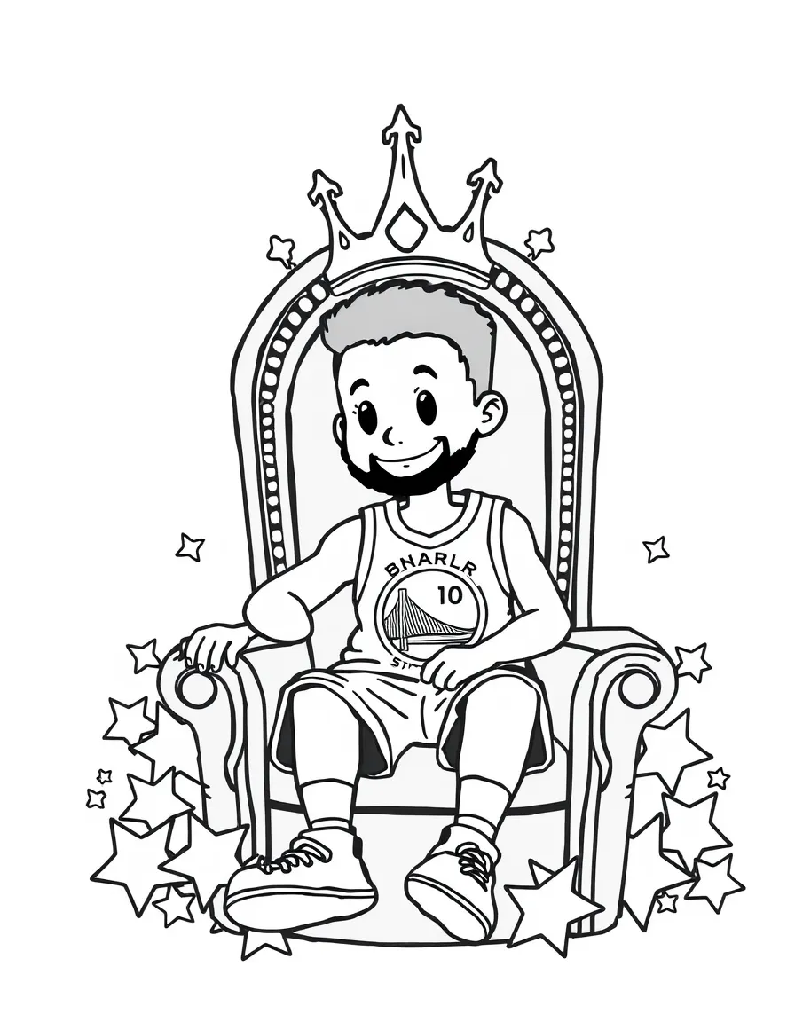 Stephen Curry sitting on a throne made of stars with a crown – a fun and kid-friendly coloring page.