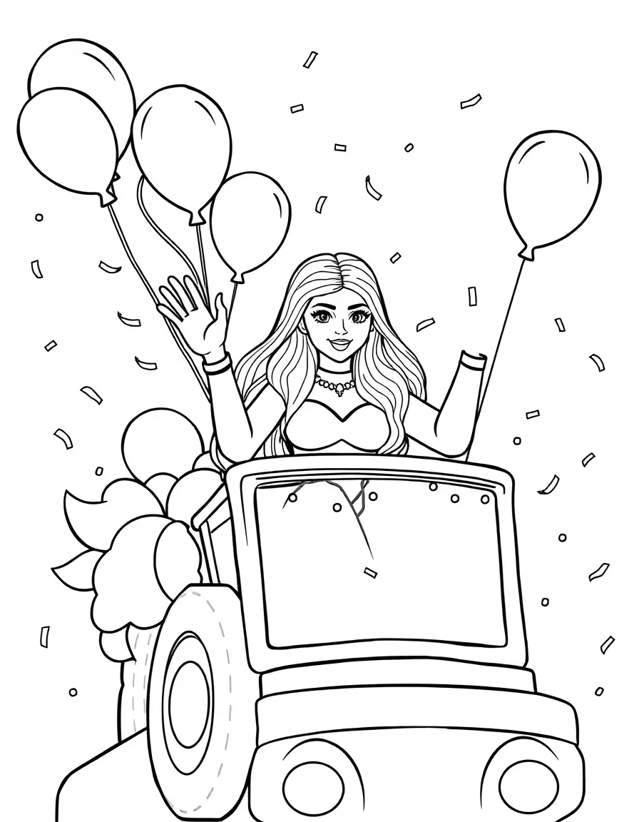 Kylie Jenner waving from a parade float with balloons and confetti – a fun and kid-friendly coloring page.