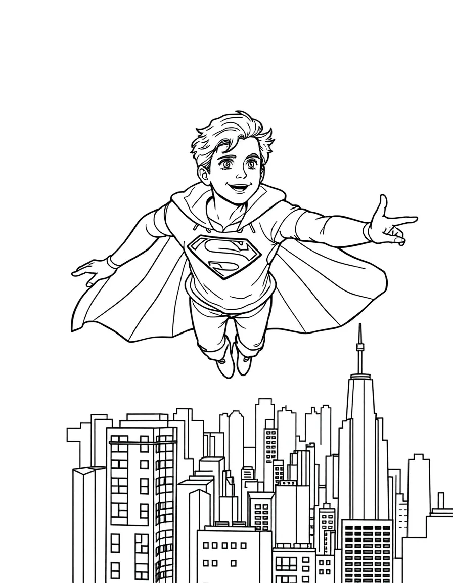 Timothée Chalamet wearing a superhero cape and flying over a cityscape – a fun and kid-friendly coloring page.