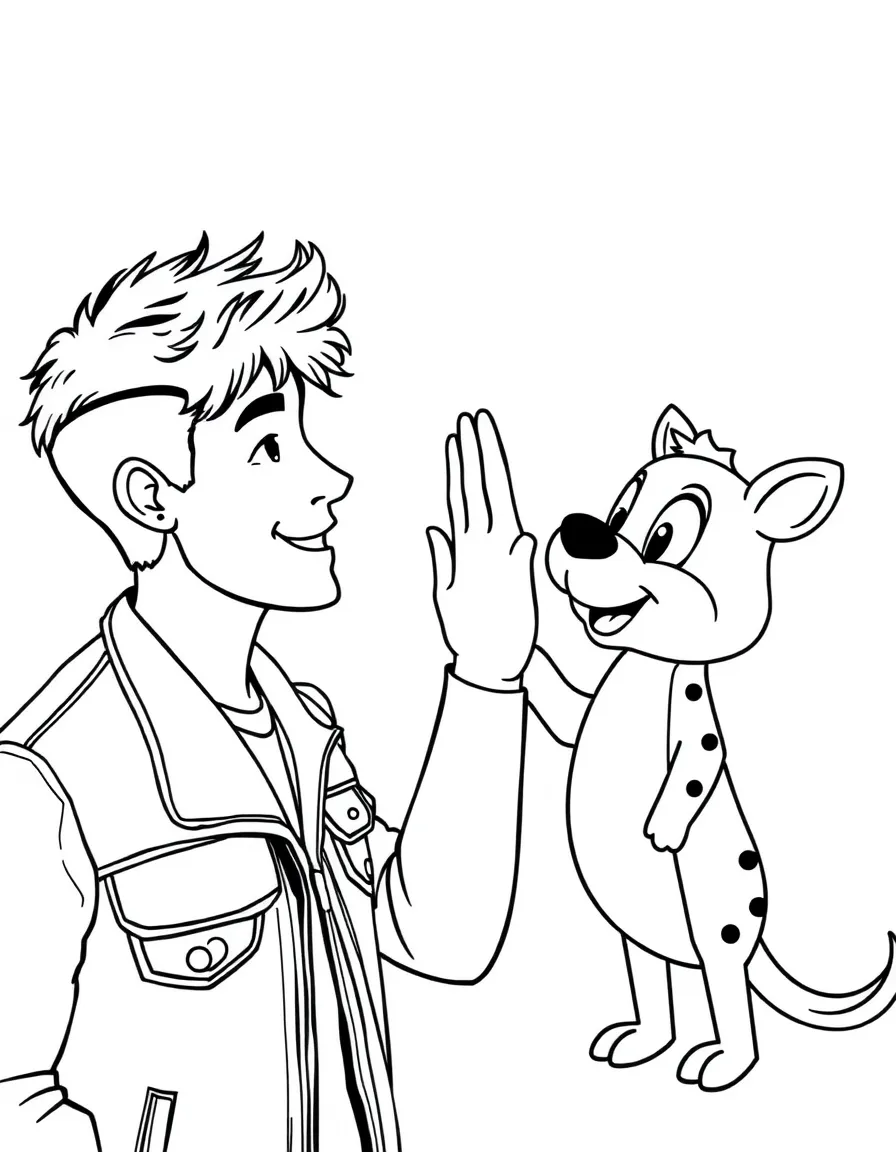 Shawn Mendes giving a high five to a cartoon animal friend – a fun and kid-friendly coloring page.