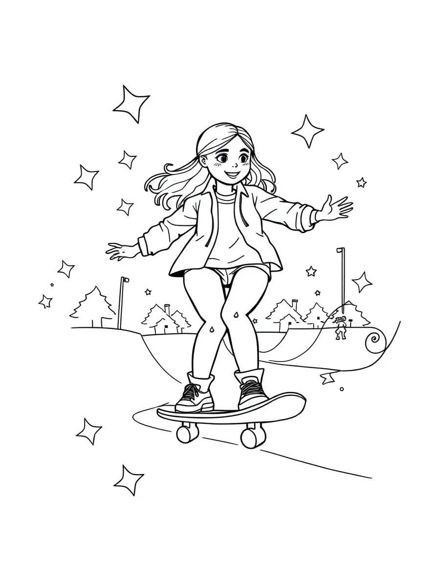 Greta Thunberg skateboarding at a skate park with stars and swirls around – a fun and kid-friendly coloring page.