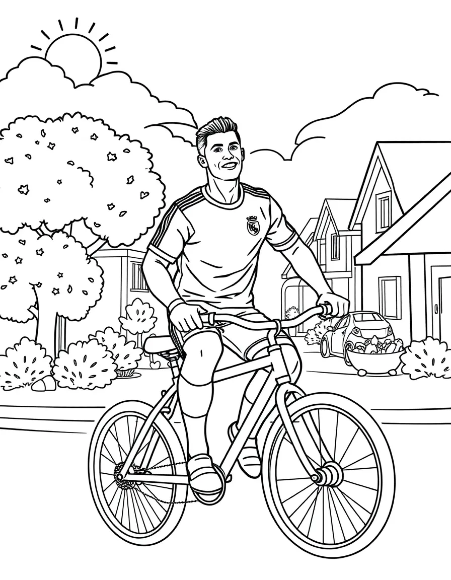 Cristiano Ronaldo riding a bicycle through a sunny neighborhood – a fun and kid-friendly coloring page.
