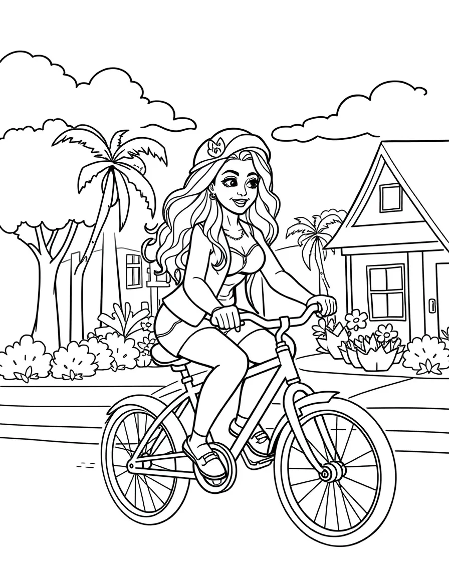 Shakira riding a bicycle through a sunny neighborhood – a fun and kid-friendly coloring page.
