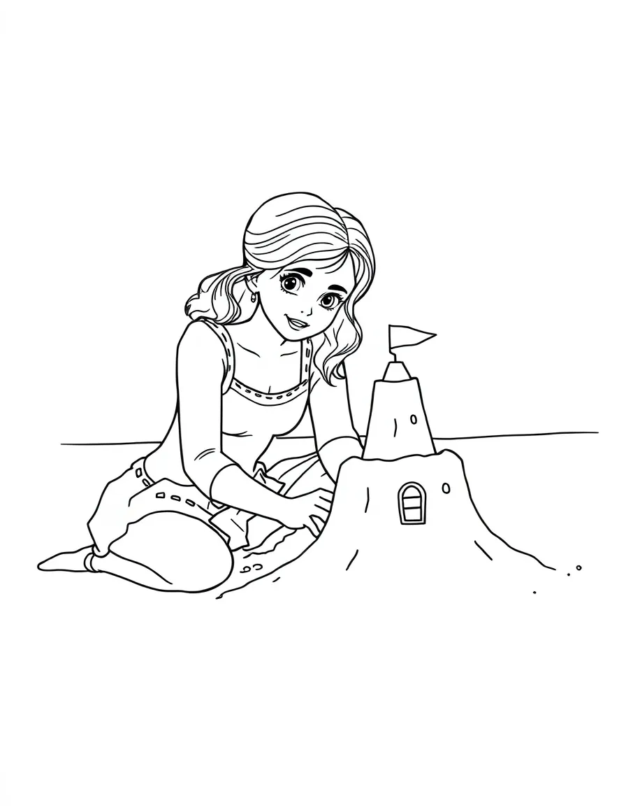 Emma Watson building a sandcastle at the beach – a fun and kid-friendly coloring page.