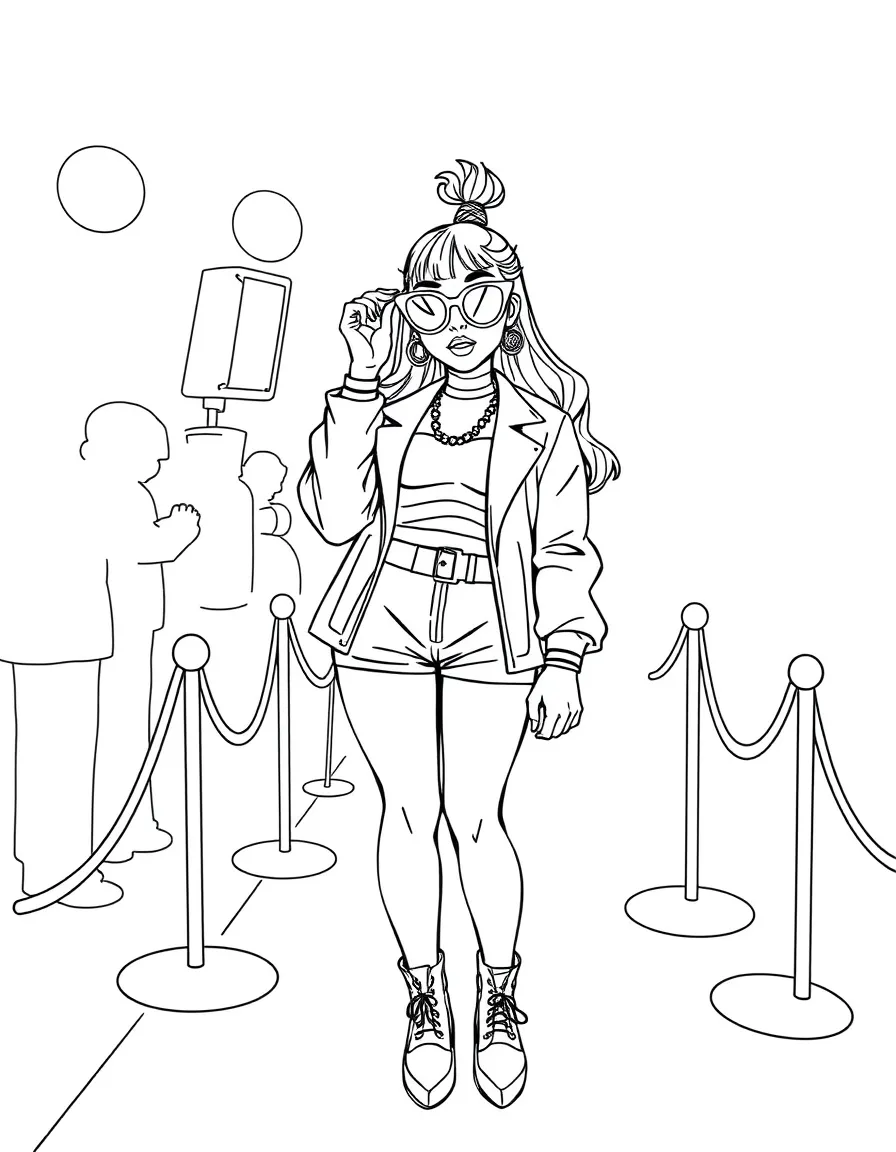 Dua Lipa posing with sunglasses and a cool outfit on the red carpet – a fun and kid-friendly coloring page.