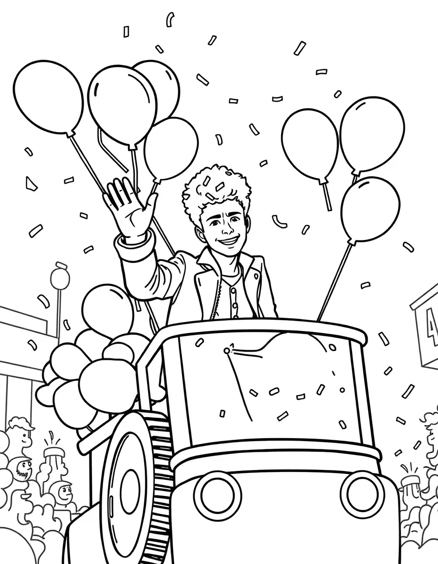 Bruno Mars waving from a parade float with balloons and confetti – a fun and kid-friendly coloring page.