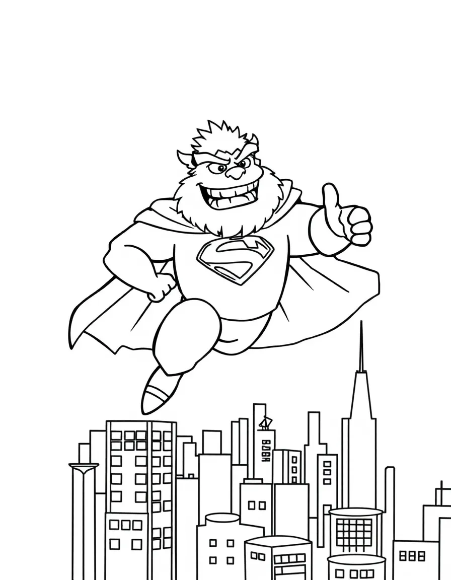MrBeast wearing a superhero cape and flying over a cityscape – a fun and kid-friendly coloring page.