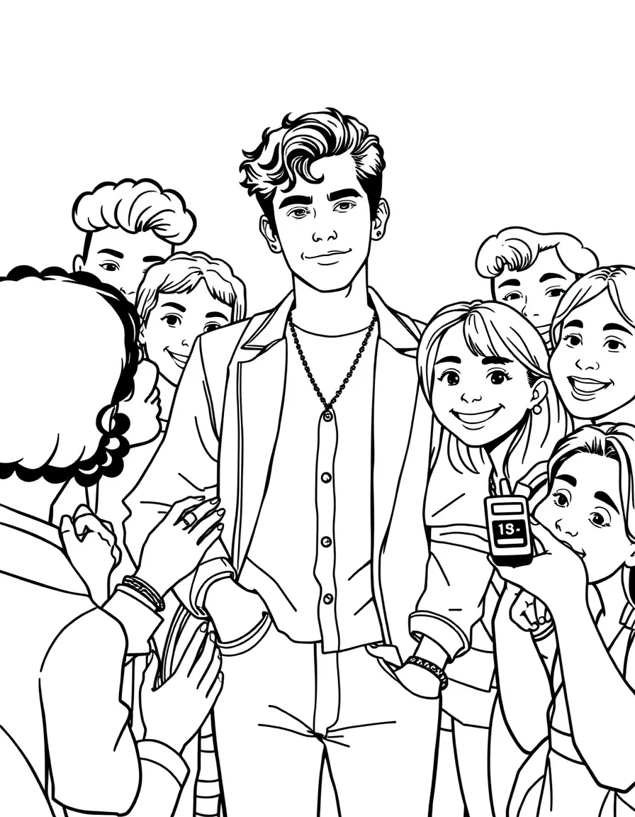 Timothée Chalamet posing with cartoon versions of their fans – a fun and kid-friendly coloring page.