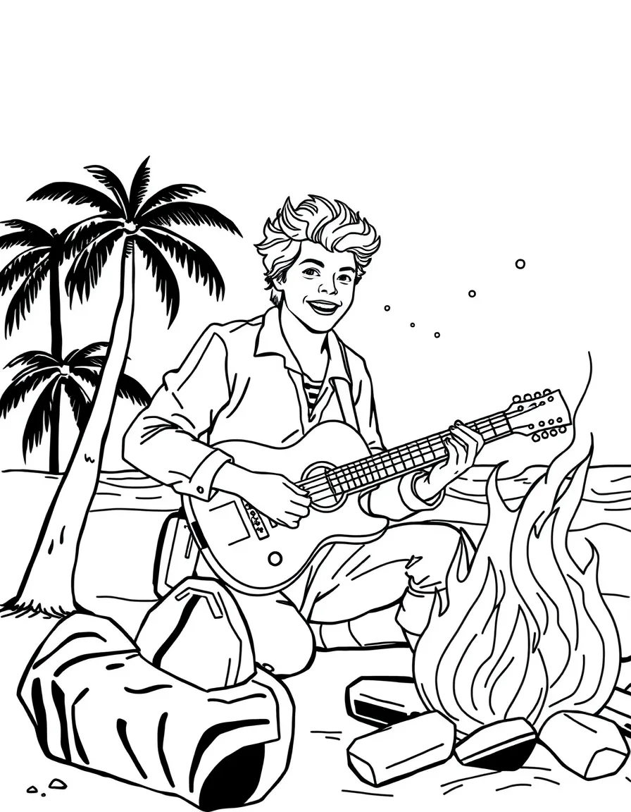 Harry Styles playing guitar at a beach bonfire – a fun and kid-friendly coloring page.