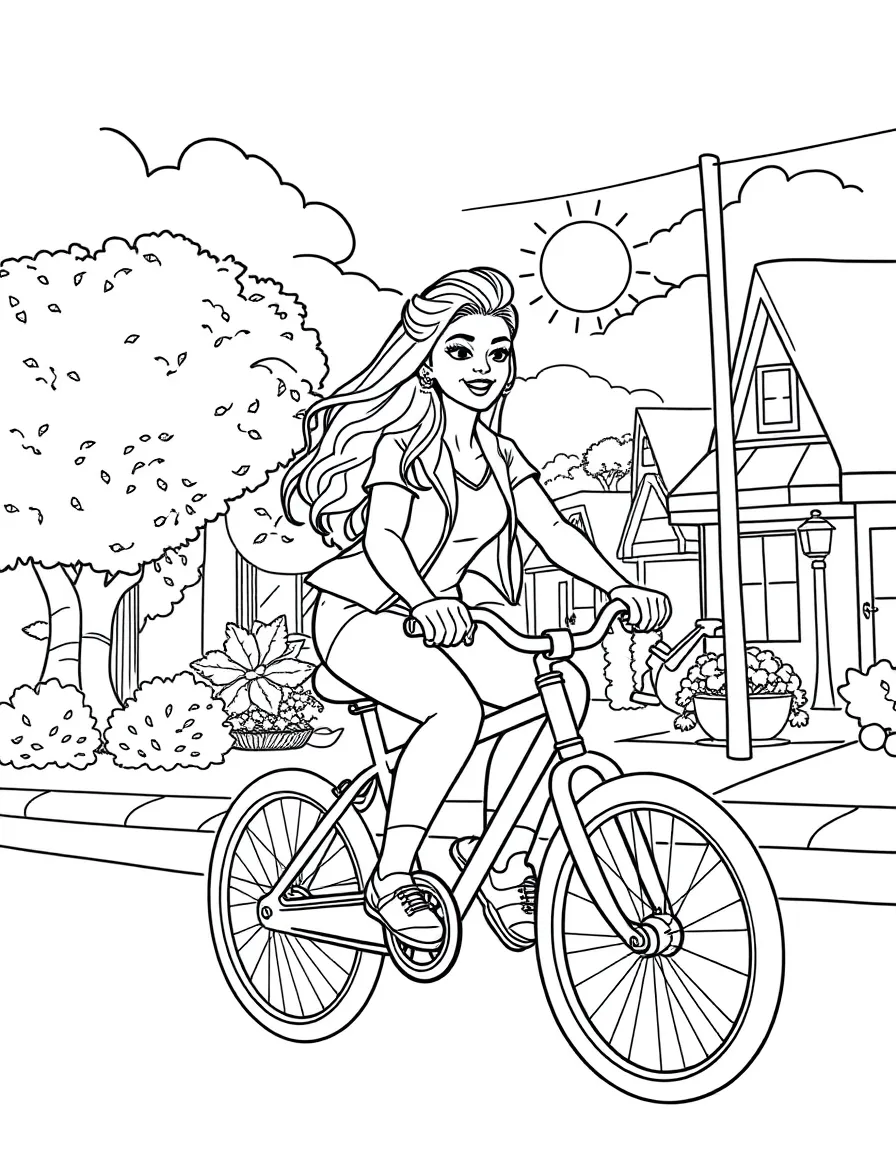 Zendaya riding a bicycle through a sunny neighborhood – a fun and kid-friendly coloring page.