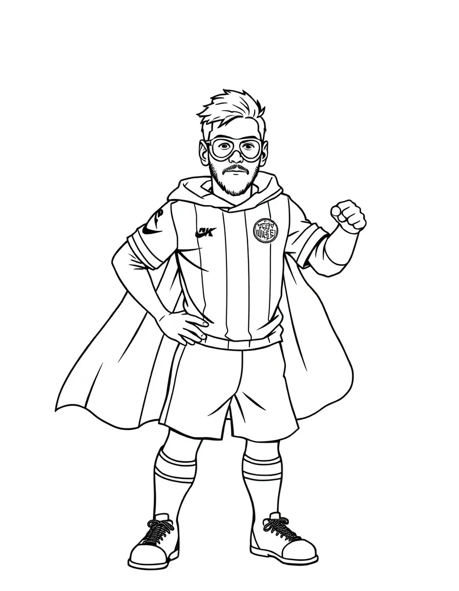 Lionel Messi dressed as a superhero, ready to save the day – a fun and kid-friendly coloring page.