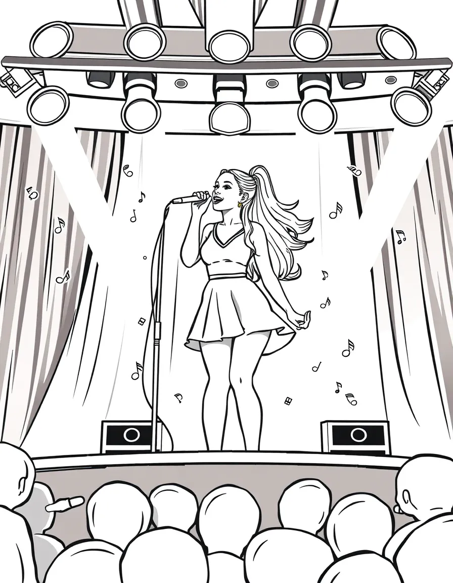 Ariana Grande singing on a big concert stage with musical notes and lights – a fun and kid-friendly coloring page.