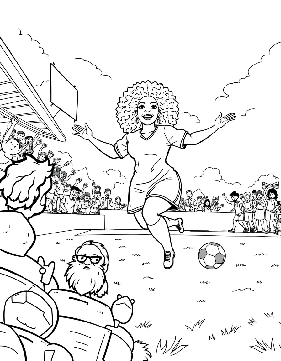Oprah Winfrey playing soccer on a field with cheering fans in the stands – a fun and kid-friendly coloring page.