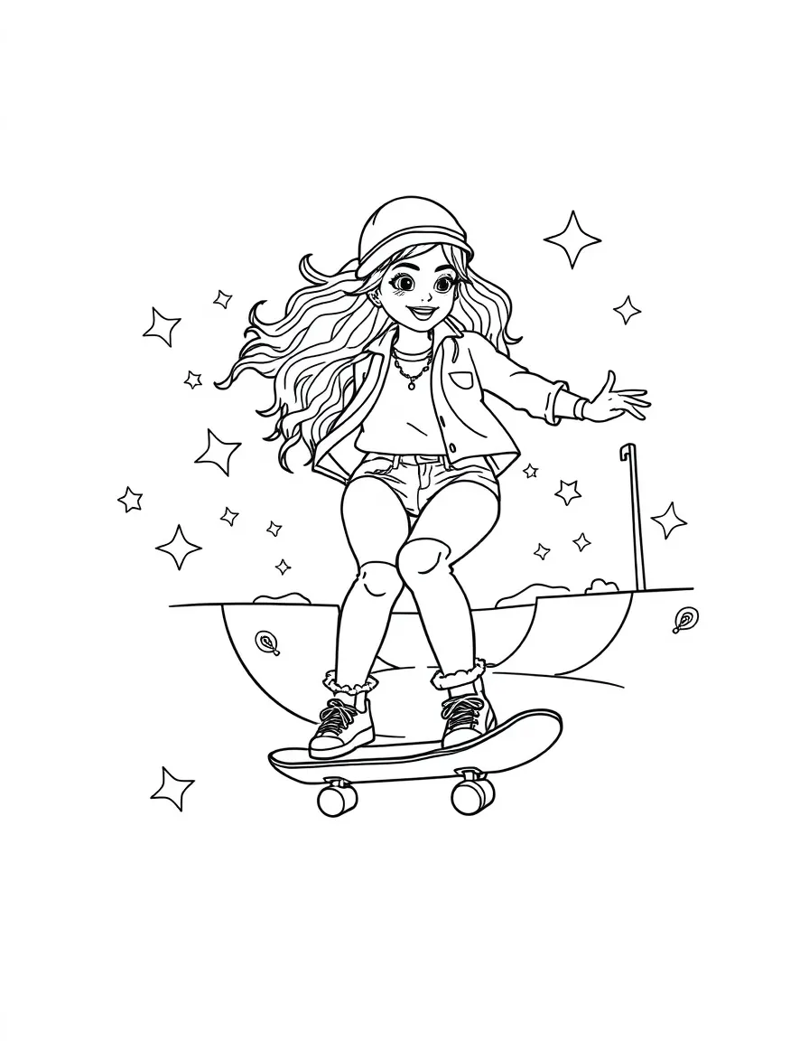 Camila Cabello skateboarding at a skate park with stars and swirls around – a fun and kid-friendly coloring page.