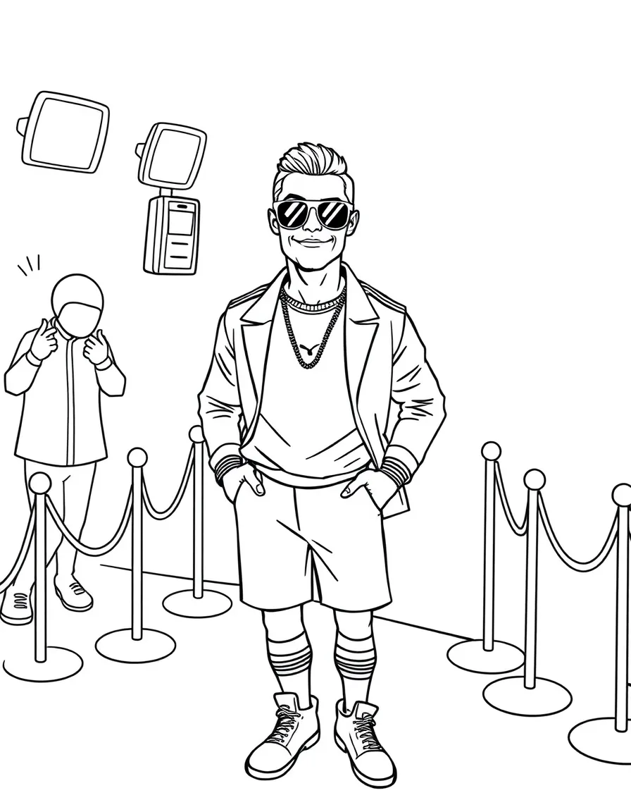 Cristiano Ronaldo posing with sunglasses and a cool outfit on the red carpet – a fun and kid-friendly coloring page.