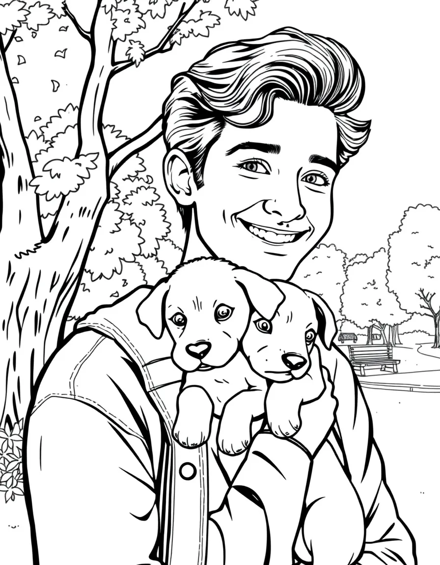 Timothée Chalamet smiling and holding a puppy with a park background – a fun and kid-friendly coloring page.