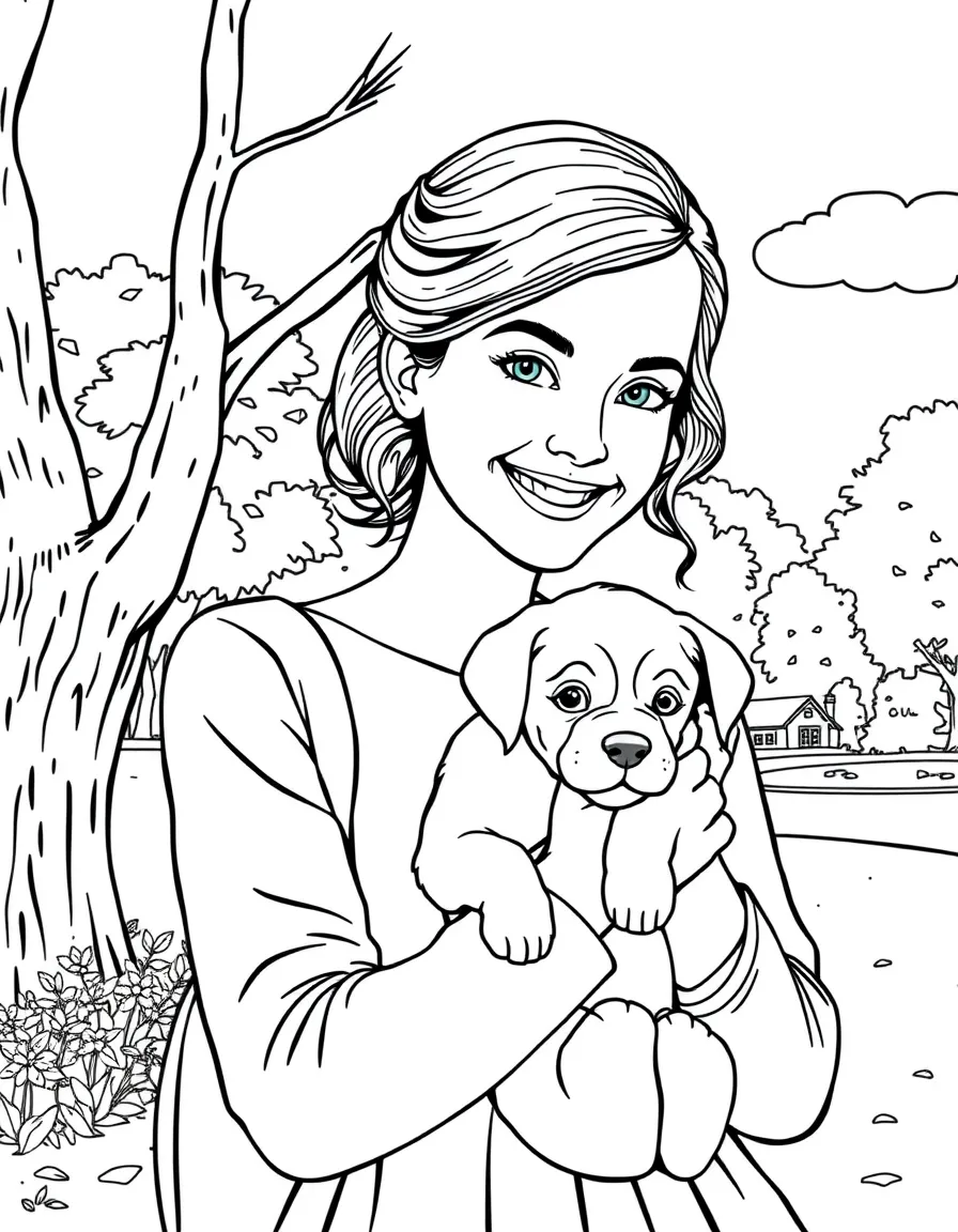 Emma Watson smiling and holding a puppy with a park background – a fun and kid-friendly coloring page.