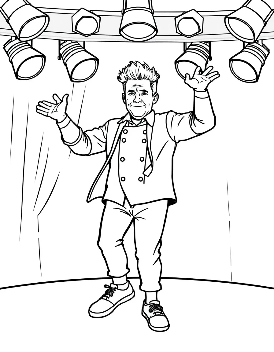 Gordon Ramsay dancing on a stage with spotlights and fun outfits – a fun and kid-friendly coloring page.