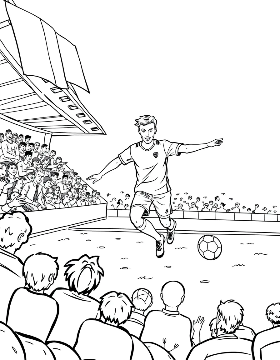 Tom Holland playing soccer on a field with cheering fans in the stands – a fun and kid-friendly coloring page.
