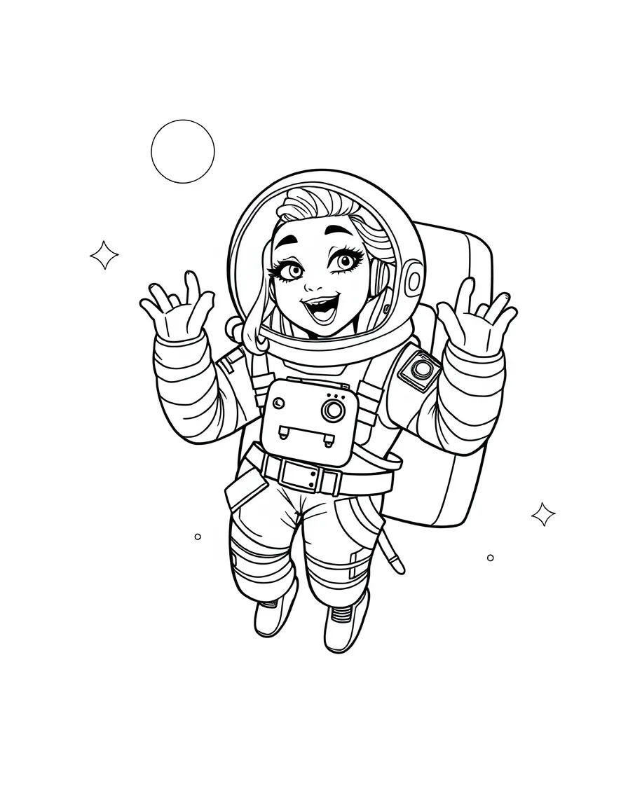 Lady Gaga exploring space in an astronaut suit – a fun and kid-friendly coloring page.