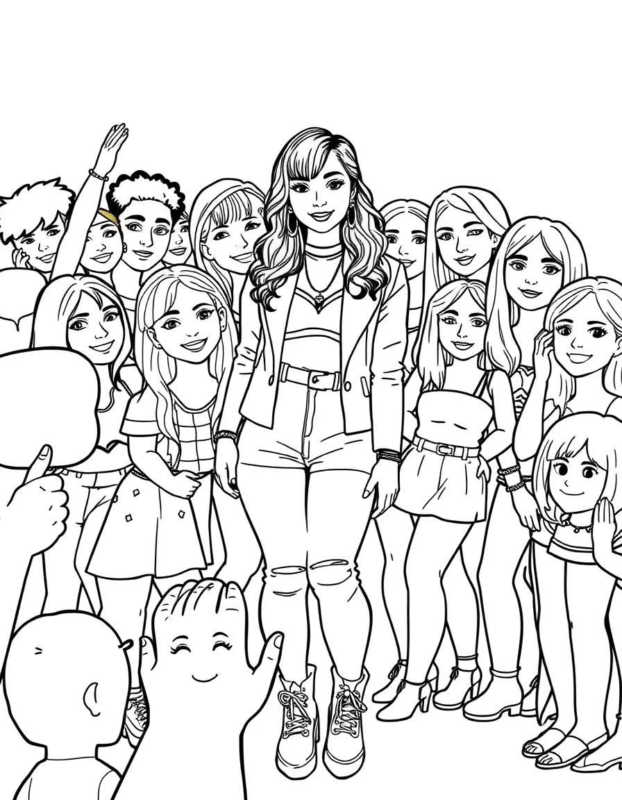 Camila Cabello posing with cartoon versions of their fans – a fun and kid-friendly coloring page.