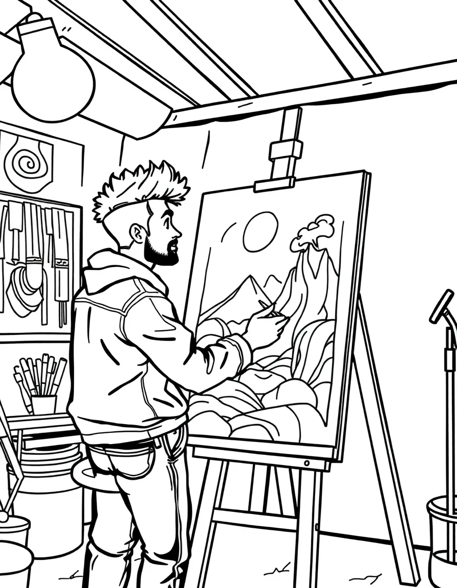 Zayn Malik painting a picture at an art studio – a fun and kid-friendly coloring page.