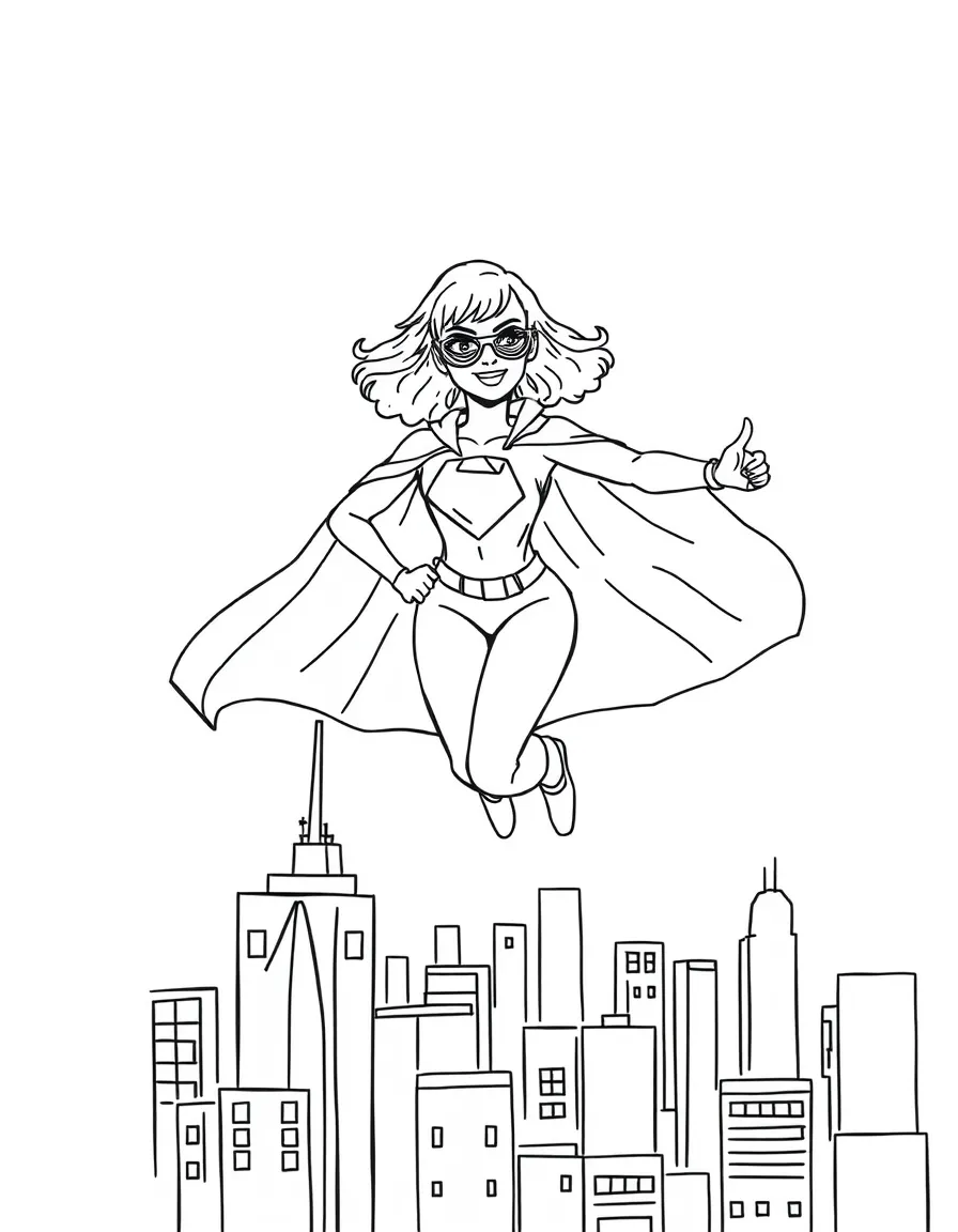 Katy Perry wearing a superhero cape and flying over a cityscape – a fun and kid-friendly coloring page.