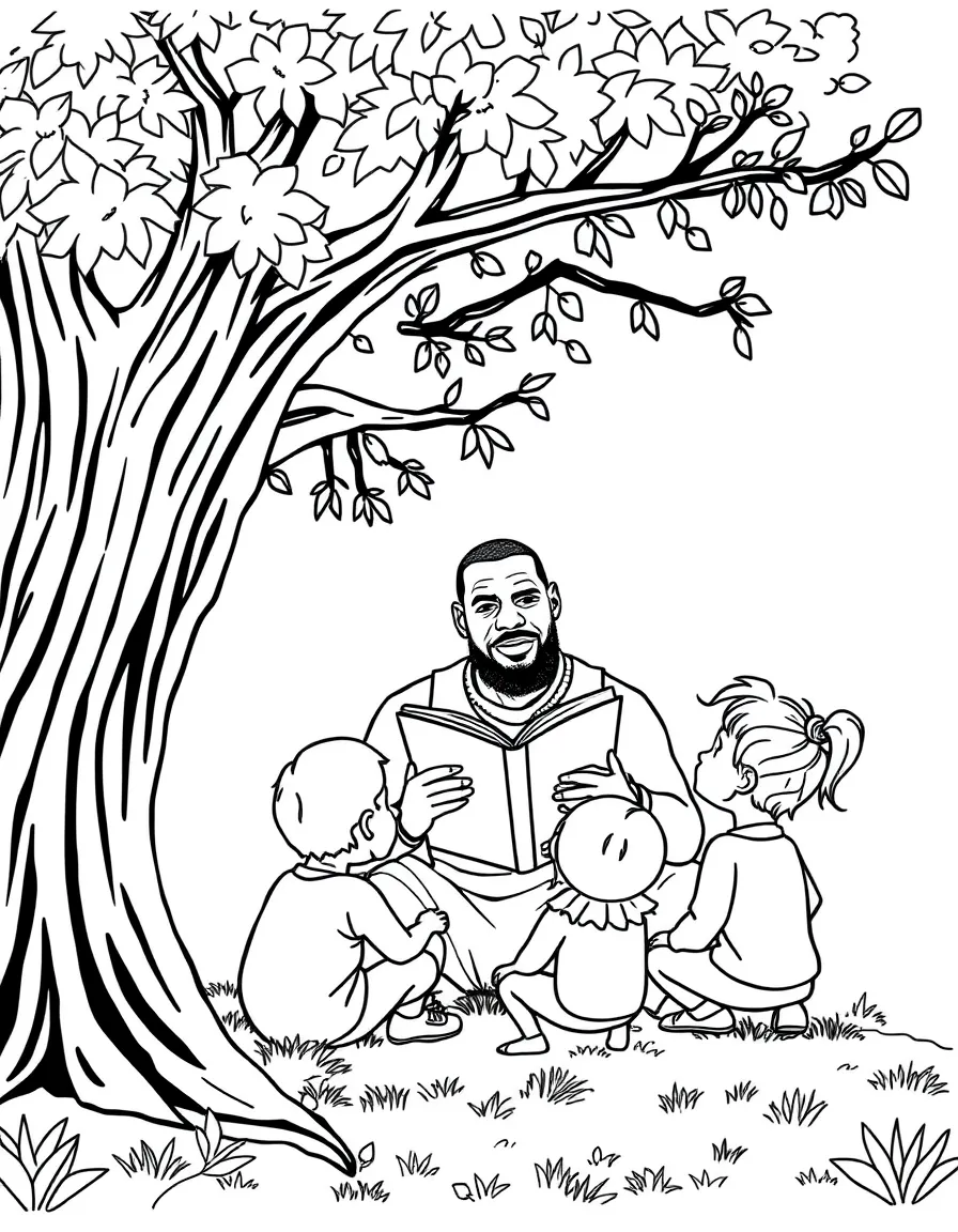 LeBron James reading a storybook to children under a tree – a fun and kid-friendly coloring page.