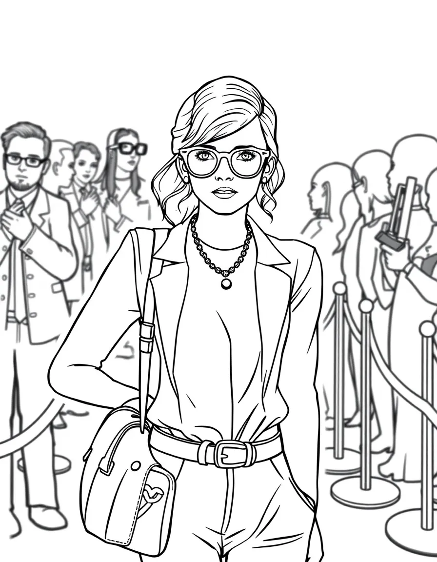 Emma Watson posing with sunglasses and a cool outfit on the red carpet – a fun and kid-friendly coloring page.