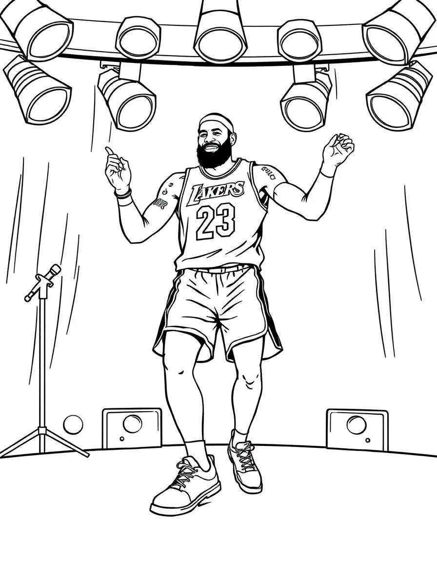 LeBron James dancing on a stage with spotlights and fun outfits – a fun and kid-friendly coloring page.