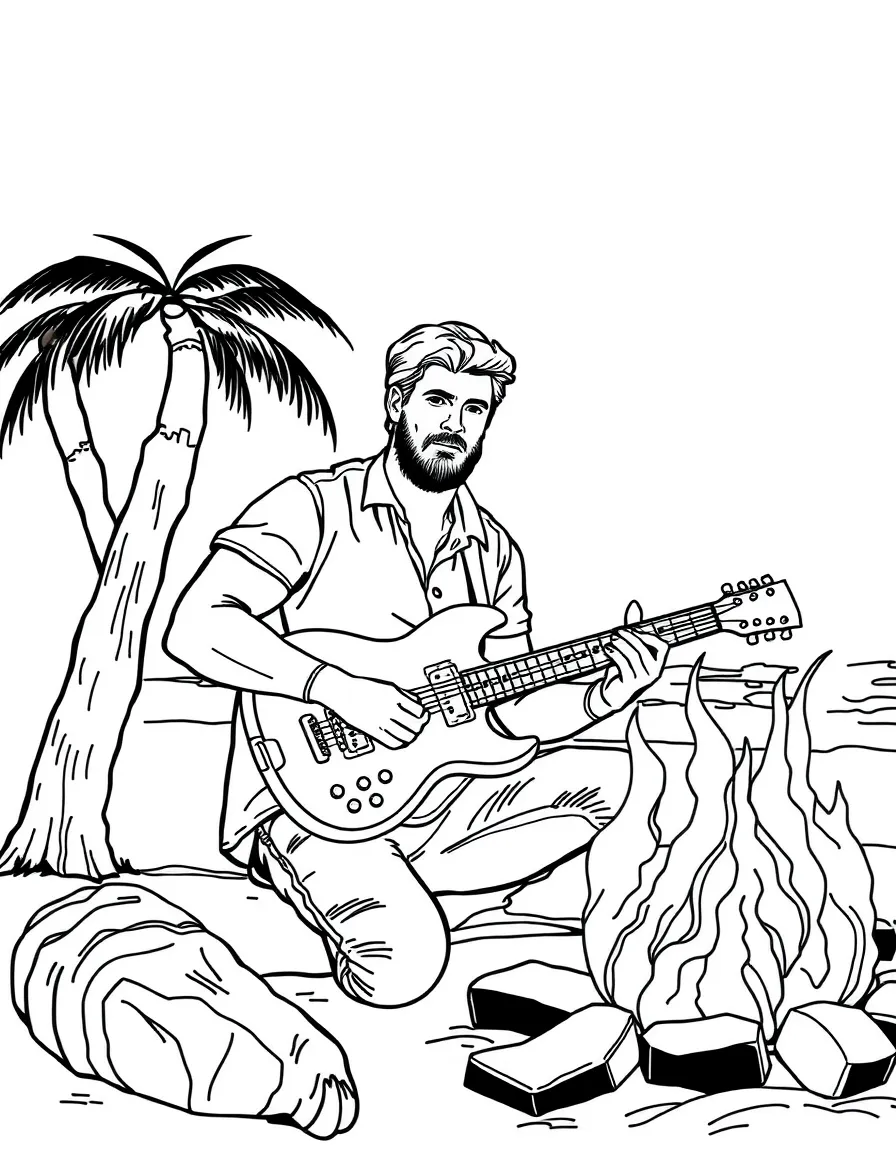 Chris Hemsworth playing guitar at a beach bonfire – a fun and kid-friendly coloring page.