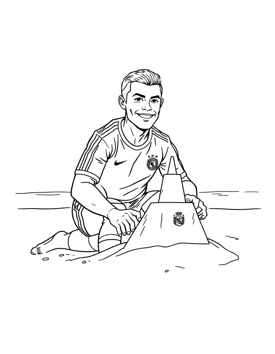 Cristiano Ronaldo building a sandcastle at the beach – a fun and kid-friendly coloring page.