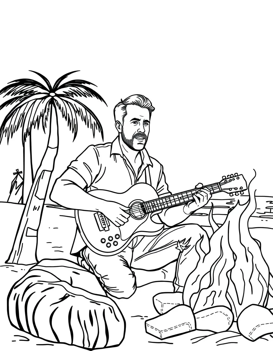 Ryan Reynolds playing guitar at a beach bonfire – a fun and kid-friendly coloring page.