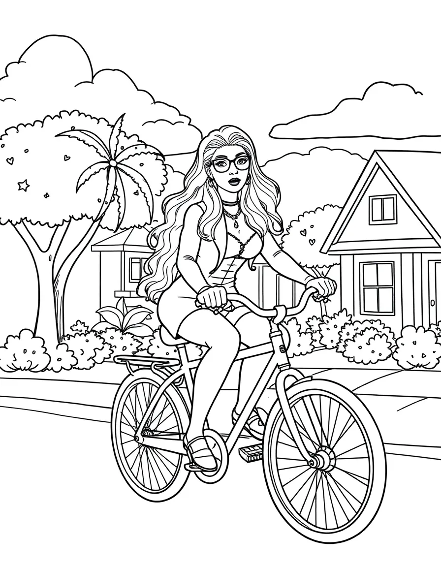 Lady Gaga riding a bicycle through a sunny neighborhood – a fun and kid-friendly coloring page.