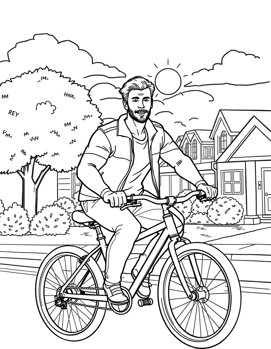 Chris Hemsworth riding a bicycle through a sunny neighborhood – a fun and kid-friendly coloring page.