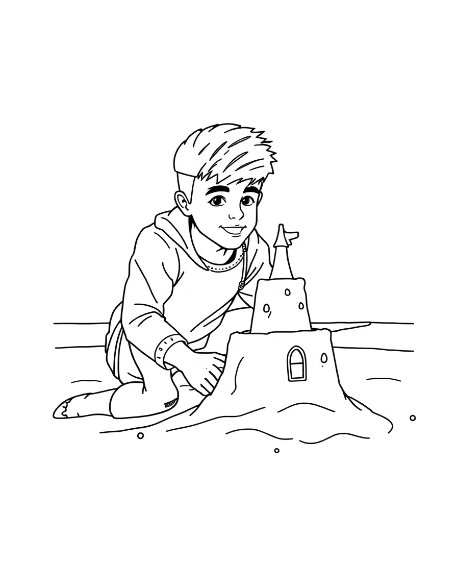 Justin Bieber building a sandcastle at the beach – a fun and kid-friendly coloring page.