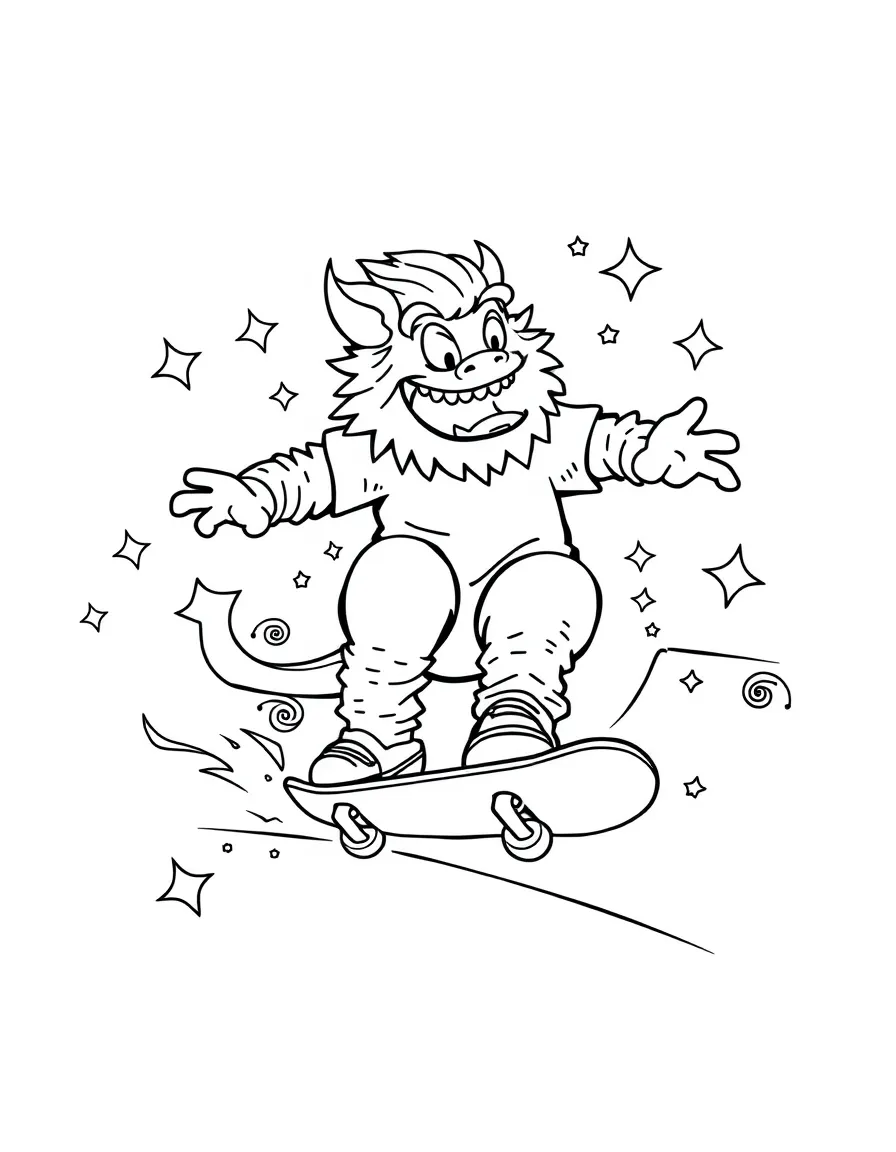 MrBeast skateboarding at a skate park with stars and swirls around – a fun and kid-friendly coloring page.