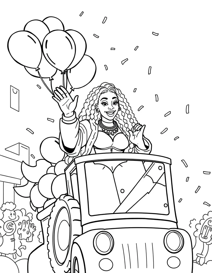 Cardi B waving from a parade float with balloons and confetti – a fun and kid-friendly coloring page.